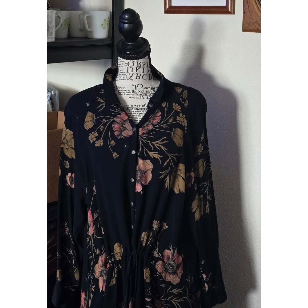 Free People Dress Womens Medium Black Floral Boho Drawstring Ruffle Hem Fall - Picture 2 of 13